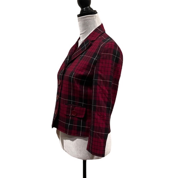 The Limited tartan plaid print button front red black blazer 3/4 sleeve size 6 - Picture 4 of 11